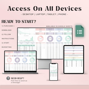 May include: A digital budgeting template displayed on a desktop computer, laptop, tablet, and smartphone. The image includes the text "Access On All Devices" and "Ready to Start?" with steps for purchase, download, instructions, and starting budgeting.