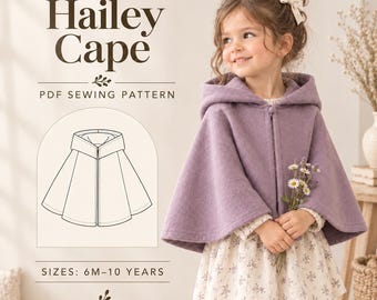 Patrón de costura de capa para niños, capa corta de invierno para niñas pequeñas, patrón de capa de invierno para niños en PDF, patrón de costura de capa con capucha apto para principiantes.