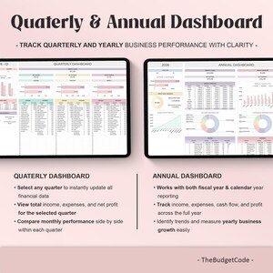 May include: Digital financial dashboards for quarterly and annual business performance. The image shows two tablets displaying data visualizations, charts, and financial metrics. Text includes "Quarterly & Annual Dashboard" and "Track quarterly and yearly business performance with clarity."