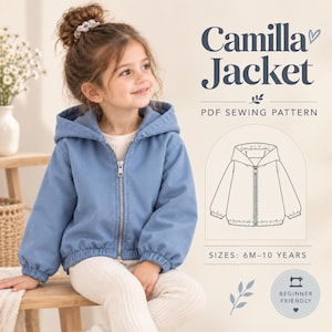 以下が含まれることがあります： Camilla JacketのPDF型紙。フロントジッパーと伸縮性のある袖口を備えた青いフード付きジャケットが特徴です。ドキュメントにはジャケットの線画、Camilla Jacketというテキスト、6ヶ月から10歳までのサイズ表記が含まれています。