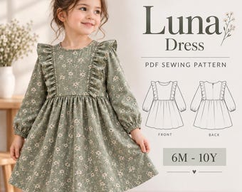 Patrón de costura para vestido infantil, patrón de costura en PDF para vestido con volantes de niña, patrón de vestido de verano estilo cottagecore con mangas abullonadas para niñas pequeñas, costura para principiantes