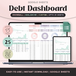 May include: A digital debt dashboard displayed on a laptop and tablet. The screen shows financial data, charts, and the text "Debt Dashboard". Features include tracking up to 25 debts, beginner-friendly design, and currency options.