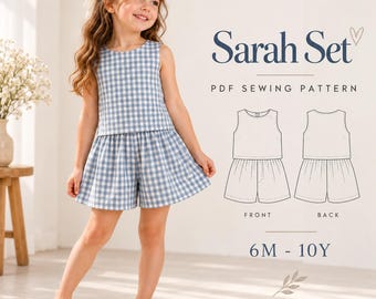 Patrón de costura en PDF para top y shorts de lino para niñas, conjunto de verano para niñas pequeñas, conjunto de dos piezas para principiantes en costura.