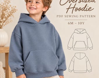 Patrón de sudadera con capucha extragrande para niños, patrón de costura para sudadera con capucha infantil, sudadera con capucha para niños pequeños, patrón de invierno para niños apto para principiantes.