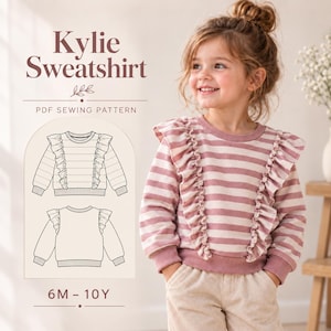 以下が含まれることがあります： KylieスウェットシャツのPDF型紙、サイズ6M-10Y。長袖のストライプ柄スウェットシャツで、前後の肩に沿った縦のフリル、クルーネック、リブ編みの袖口と裾が特徴的なデザインです。
