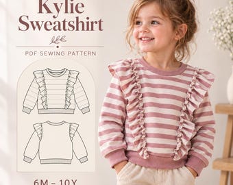 Patrón de sudadera con volantes para niñas en PDF, patrón de sudadera para niños, top de invierno con volantes para bebés y niños pequeños, patrón de costura fácil para principiantes, de 6 meses a 10 años.