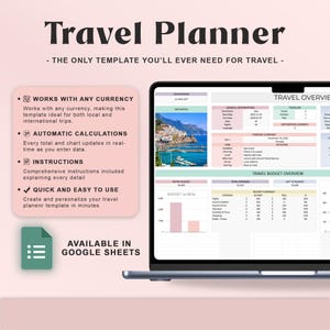 May include: A laptop screen displaying a travel planner template. The screen shows a travel overview, budget summary, and itinerary details. The text on the screen includes "Travel Planner" and "Available in Google Sheets."
