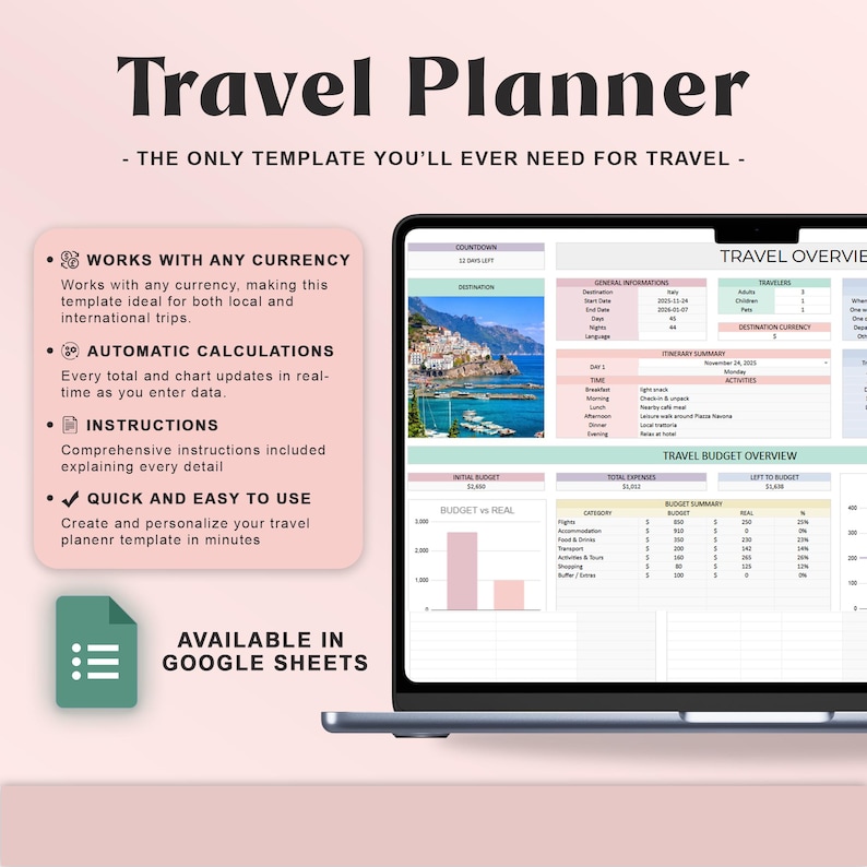 May include: A laptop screen displaying a travel planner template. The screen shows a travel overview, budget summary, and itinerary details. The text on the screen includes "Travel Planner" and "Available in Google Sheets."