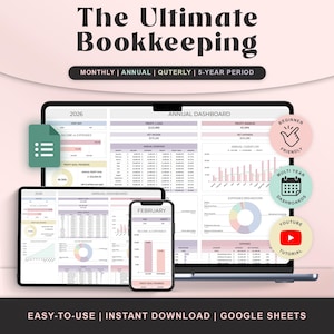 Puede incluir: Una plantilla de contabilidad digital que se muestra en una computadora portátil, tableta y teléfono inteligente. El diseño presenta un panel con datos financieros, gráficos y diagramas. El texto incluye "The Ultimate Bookkeeping" y "Easy-to-Use | Instant Download | Google Sheets."