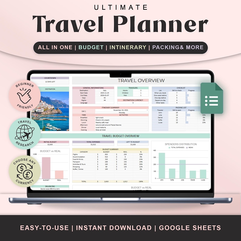 May include: A digital travel planner displayed on a laptop screen. The planner includes sections for budget, itinerary, and packing. The screen displays charts, lists, and a travel overview. The text includes "Ultimate Travel Planner" and "Easy-to-Use | Instant Download | Google Sheets."