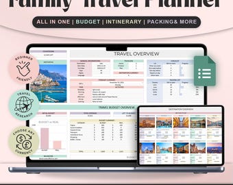 Ultimate Family Travel Planner Google Sheets Itinerary Budget tracker Spreadsheet Vacation Holiday Organizer Road Trip Planner packing list