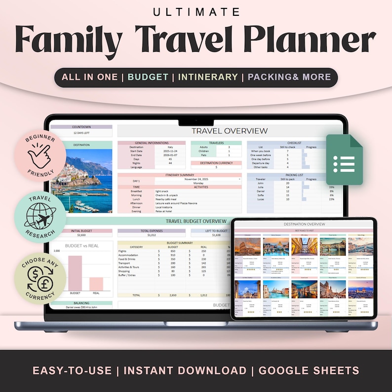 Pu&ograve; includere: Un Family Travel Planner digitale visualizzato su un laptop e un tablet. Il planner include sezioni per budget, itinerario e imballaggio. L'immagine presenta il testo "ULTIMATE Family Travel Planner" e icone per principianti, ricerca di viaggi.