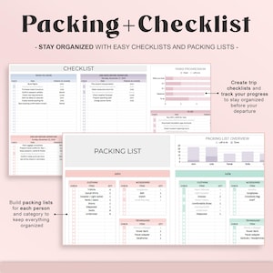 May include: A digital template titled 'Packing + Checklist' with sections for checklists, packing lists, and task progression. It allows users to create lists for each person and category, aiding in organisation before a trip.