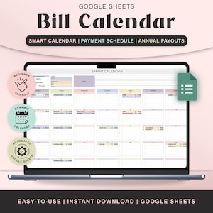 Op de afbeelding: Een laptopscherm toont een "Bill Calendar" sjabloon in Google Sheets. De kalender is gelabeld als "Smart Calendar" en bevat secties voor betalingsschema's en jaarlijkse uitbetalingen. Pictogrammen geven aan dat het beginner-vriendelijk is, een dynamische kalender en geautomatiseerde Google Sheets-functies.