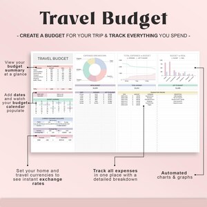 May include: A digital travel budget planner titled "Travel Budget". The planner includes sections for expenses, budget tracking, and currency exchange rates. The image also features charts and graphs, with a pink background.