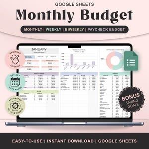 Puede incluir: Una pantalla de portátil muestra una plantilla de presupuesto mensual de Google Sheets. La plantilla incluye secciones para ingresos, gastos y ahorros, con gráficos. El texto en la pantalla incluye "Presupuesto Mensual", "Apto para Principiantes" y "Objetivos de Ahorro Extra."