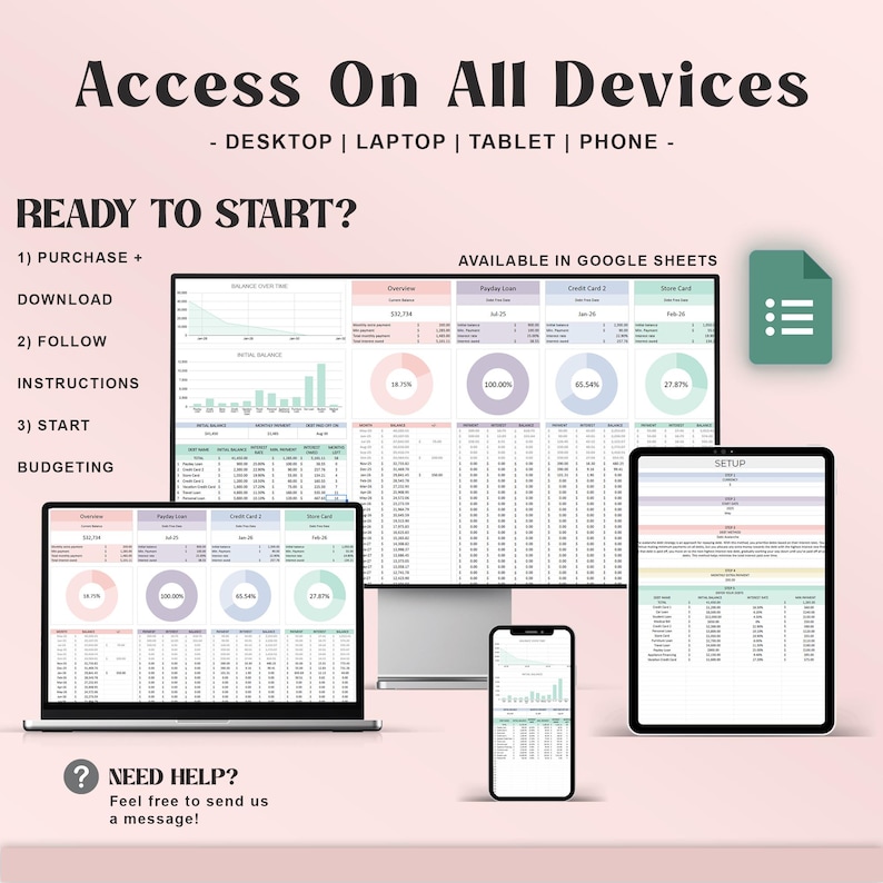 May include: A digital budgeting template displayed on a desktop computer, laptop, tablet, and smartphone. The image includes the text "Access On All Devices" and "Ready to Start?" with instructions. The template is available in Google Sheets.