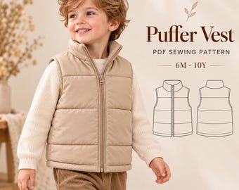 Boys Puffer Vest Sewing Pattern, Kids Puffer Vest Pattern, Puffer Jacket Zipper Vest For Children, Toddler Puffer Coat Beginner Friendly