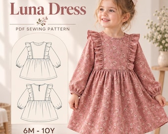 Patrón de costura para vestido de niña, patrón de vestido con volantes para niños en PDF, patrón de vestido de verano con mangas abullonadas para niñas pequeñas estilo cottagecore para principiantes en costura.