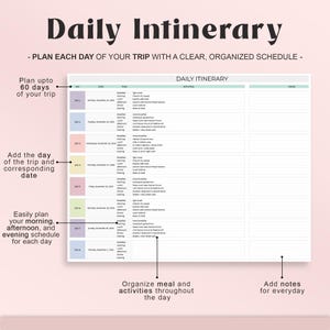 May include: A pink and white Daily Itinerary planner with the title "Daily Intinerary". The planner includes sections for planning each day of a trip, with space for activities, notes, and scheduling up to 60 days.
