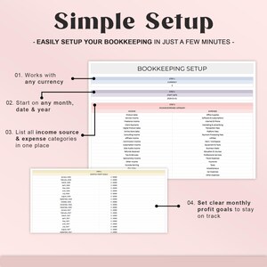 May include: A pink and white graphic with the text "Simple Setup" and "Easily setup your bookkeeping in just a few minutes." The image shows a bookkeeping setup guide with steps for income and expense categories.