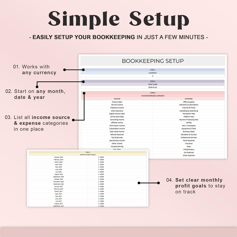 May include: A pink and white graphic with the text "Simple Setup" and "Easily setup your bookkeeping in just a few minutes." The image shows a bookkeeping setup guide with steps for income and expense categories.