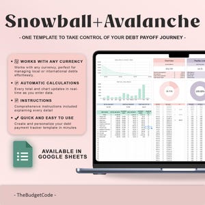 May include: A laptop screen displays a debt payoff template titled "Snowball + Avalanche." The template, available in Google Sheets, features charts, tables, and the text "Works with any currency." The design is in shades of pink and white.
