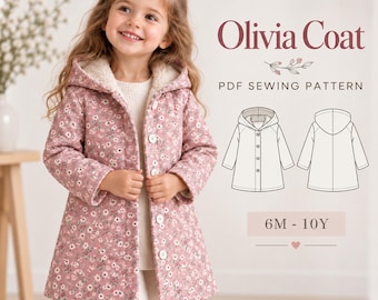 Patrón de costura en PDF para abrigo de niña, patrón de abrigo largo para niños, abrigo con capucha para bebés, patrón de chaqueta polar de invierno para niños y niñas.