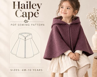Patrón de costura para capa de niña, capa corta de invierno para niños, patrón de capa de invierno para niños en PDF, patrón de costura para principiantes de capa con capucha para niños pequeños