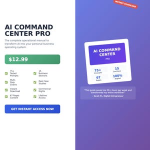May include: A digital product advertisement with the title "AI Command Center PRO." The graphic includes a price tag, bullet points listing features, and a testimonial. The design uses a purple and white color scheme with the words "Instant Download."