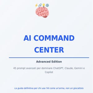 May include: A white background with the text "AI COMMAND CENTER" in large blue letters. Above the text is a brain graphic with lightning bolts and a lightbulb. Below the text is "Advanced Edition".