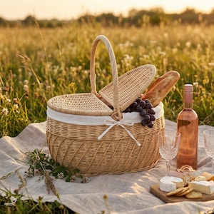 May include: A wicker picnic basket with a handle, filled with a baguette, grapes, and a bottle of ros&eacute; wine. The basket sits on a blanket with glasses, cheese, and crackers, set in a field of wildflowers.