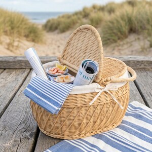 May include: A woven wicker picnic basket with a handle and a hinged lid, set on a wooden surface near a beach. Inside are plates of food, a blue and white striped towel, and rolled-up newspapers. The basket is filled with a white fabric lining.
