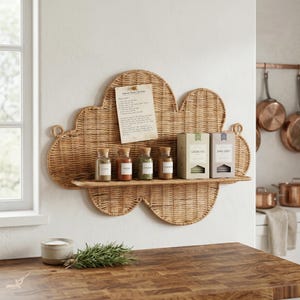 Peut inclure: Étagère en forme de nuage en osier tressé avec une petite étagère contenant des pots d'épices et des boîtes de thé. Une recette manuscrite est épinglée sur l'étagère. Un comptoir en bois contient un petit bol et un bouquet de romarin.