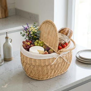 May include: A wicker picnic basket with a hinged lid, filled with food and flowers. The basket contains grapes, cheese, figs, tomatoes, and bread. A bouquet of wildflowers sits atop the basket. The basket is tied with a white ribbon.