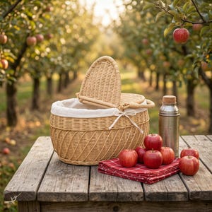 May include: A woven wicker picnic basket with a white interior lining and a matching lid sits on a wooden table. A stainless steel thermos and a red checkered napkin with several red apples are also on the table, with an apple orchard in the background.