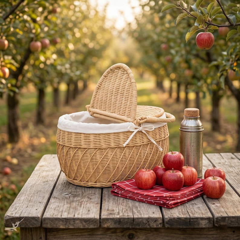 May include: A woven wicker picnic basket with a white interior lining and a matching lid sits on a wooden table. A stainless steel thermos and a red checkered napkin with several red apples are also on the table, with an apple orchard in the background.