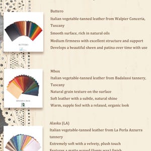 May include: A Novaira Journal leather selection guide featuring three distinct types of Italian vegetable-tanned leather: Buttero, Mbox, and Alaska. Each section displays a fan of coloured leather swatches with descriptive text detailing the origin, surface texture, firmness, and finish characteristics for each specific leather variety.