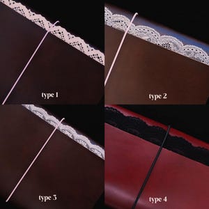 May include: A four-part grid displaying options for lace trim on leather covers, labelled choose lace type. Type 1, 2, and 3 show white lace on dark brown leather with pink elastic bands. Type 4 shows black lace on red leather with a black elastic band.