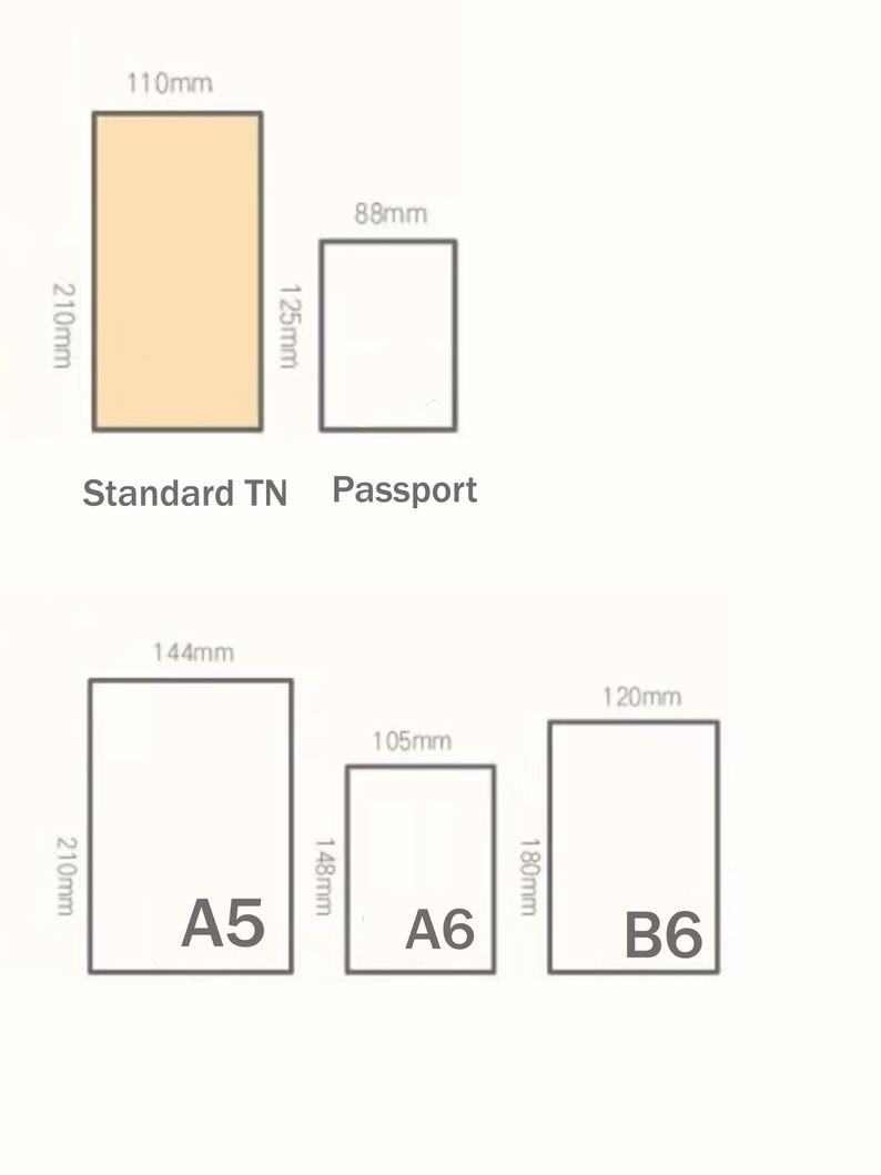 K&ouml;nnte beinhalten: Diagramm mit den Abmessungen verschiedener Papierformate. Enth&auml;lt Standard TN (210mm x 110mm), Passport (125mm x 88mm), A5 (210mm x 144mm), A6 (148mm x 105mm) und B6 (180mm x 120mm).
