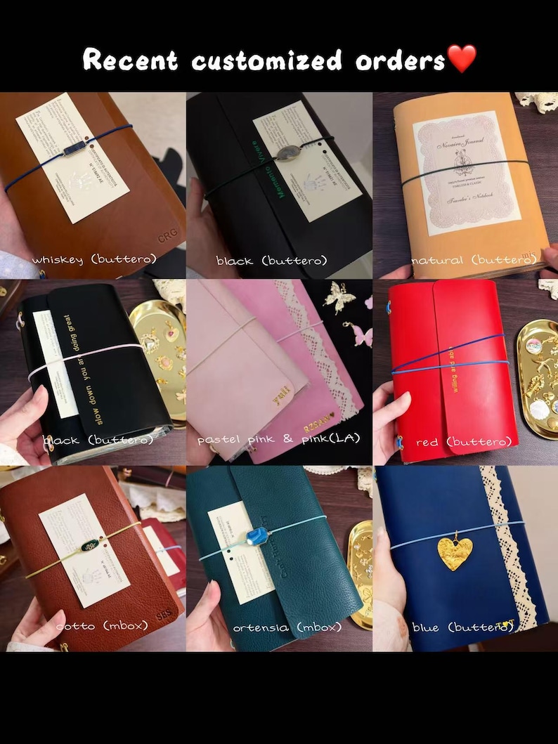 May include: A collage of nine leather journals in various colours including whiskey, black, natural, pastel pink, red, cotto, ortensia, and blue. Each journal features an elastic band closure, some with decorative charms, lace trim, or printed text.