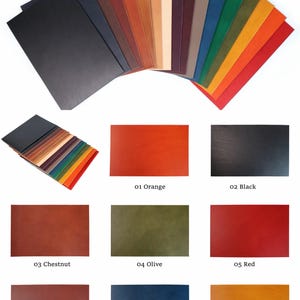K&ouml;nnte beinhalten: Eine Sammlung farbiger Lederbl&auml;tter in verschiedenen Farbt&ouml;nen, darunter Schwarz, Braun, Orange, Olive, Rot, Blau und Gelb. Das Bild zeigt auch den Text "BUTTERO WALPIER" und Farbbezeichnungen mit Nummern.