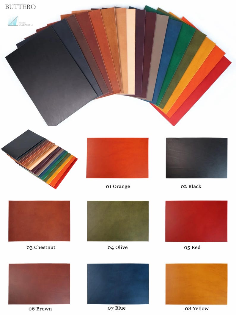 K&ouml;nnte beinhalten: Eine Sammlung farbiger Lederbl&auml;tter in verschiedenen Farbt&ouml;nen, darunter Schwarz, Braun, Orange, Olive, Rot, Blau und Gelb. Das Bild zeigt auch den Text "BUTTERO WALPIER" und Farbbezeichnungen mit Nummern.