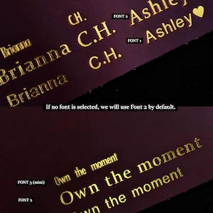 May include: A dark purple leather surface displaying gold foil embossed text samples. The text includes names like Brianna, C.H., and Ashley with heart symbols, and the phrase Own the moment. Labels indicate FONT 1, FONT 2, FONT 3 (mini), and a note stating: If no font is selected, we will use Font 2 by default.