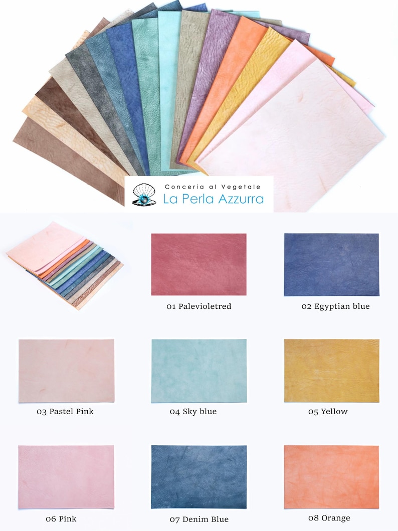 K&ouml;nnte beinhalten: Eine Sammlung farbiger Lederst&uuml;cke, die auf wei&szlig;em Hintergrund aufgef&auml;chert sind. Die Muster zeigen eine Vielzahl von Farben, darunter Rosa, Blau, Gelb und Orange. Der Text "Conceria al Vegetale La Perla Azzurra" ist sichtbar.