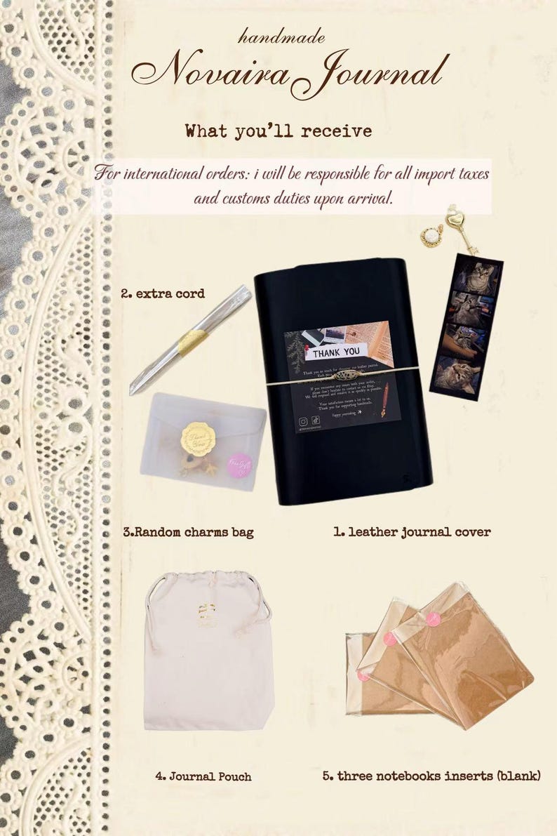 May include: A Novaira Journal set including a black leather journal cover, an extra cord, a bag of random charms, a journal pouch, and three blank notebook inserts. The set features a thank you card, a cat-themed bookmark, and a gold key charm.