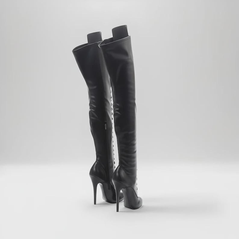 “Classic lace-up round toe knee boots with high 14cm stiletto heel for fashion styling, rear view.”