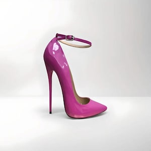 Zapatos de tacón de aguja con tira al tobillo de charol, 16 cm (6") de altura y punta puntiaguda