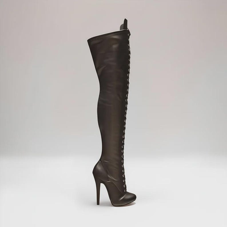 “Classic lace-up round toe knee boots with high 14cm stiletto heel for fashion styling, side view.”