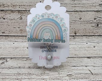 Mother Baby Nurse Badge Reel | Pastel Rainbow, Sparkle Accents